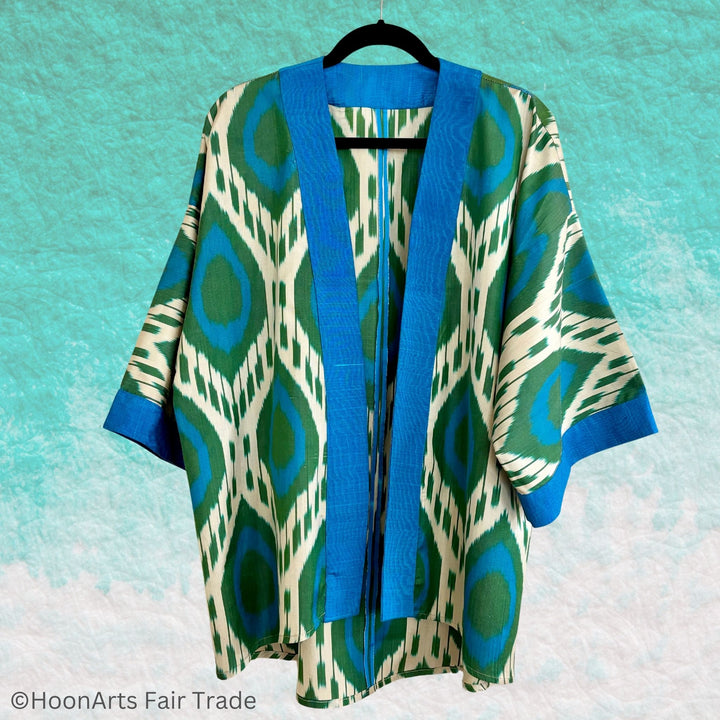 Nasib Ikat Kimono Jacket on a clothes hanger